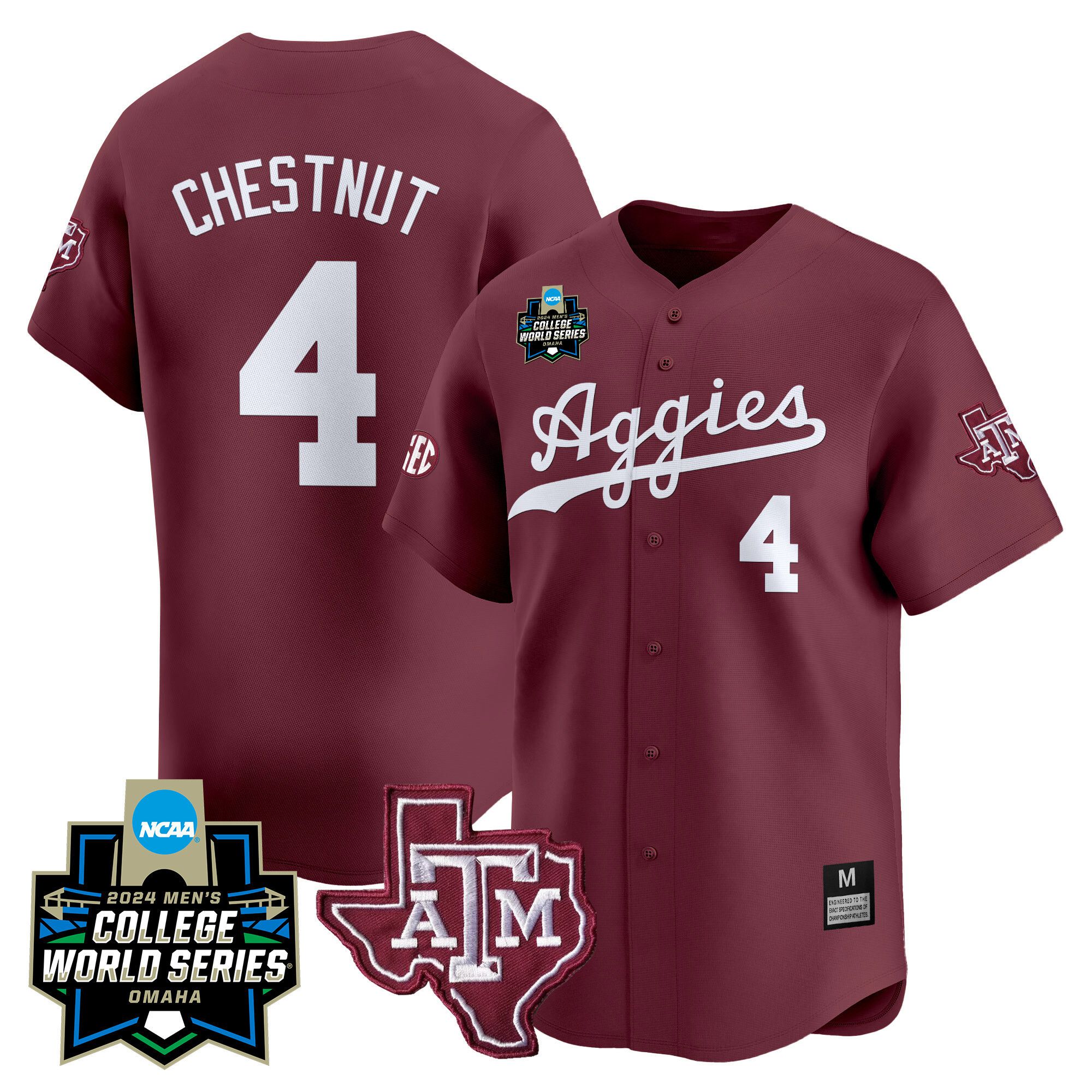 Men Texas A&M Aggies 4 Chestnut Red 2024 College World Series Vapor Premier Limited NCAA Jersey